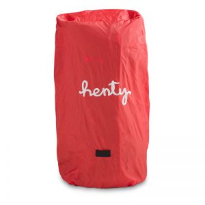 A red Henty rain cover on a bag. Travel messenger bag rain cover.